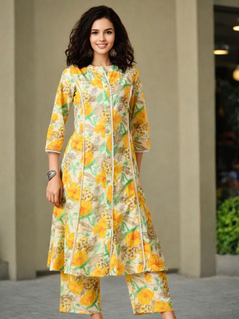 OZIA Floral Printed Pure Cotton Mandarin Collar Tunic With Trousers Co-Ord Set