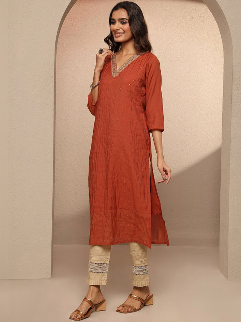 Libas Women Rust Embellished Chanderi Cotton Straight Kurta - Image 2