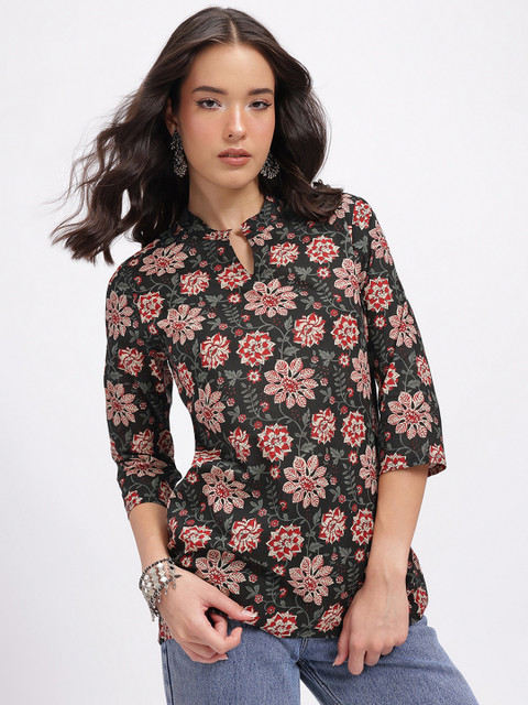 Anouk Rustic Floral Printed Pure Cotton Mandarin Collar Straight Kurti