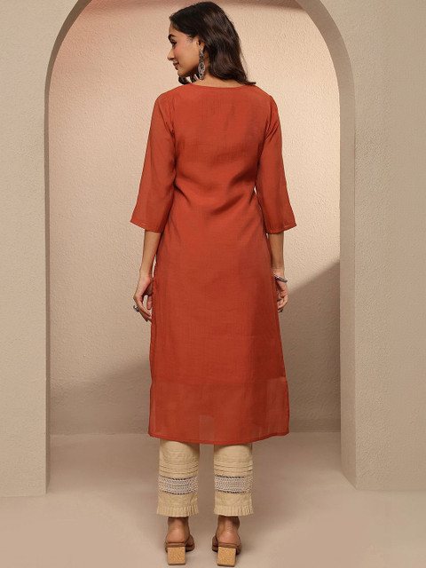 Libas Women Rust Embellished Chanderi Cotton Straight Kurta - Image 4