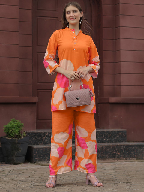 SHOPLANCE Printed Mandarin Collar Top With Palazzos Co-Ords