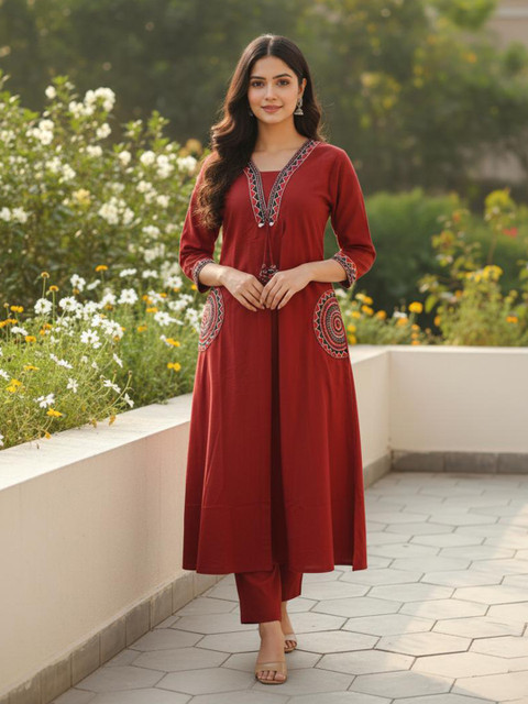 MST Women Ethnic Motifs Embroidered Regular Thread Work Pure Cotton Kurta with Trousers