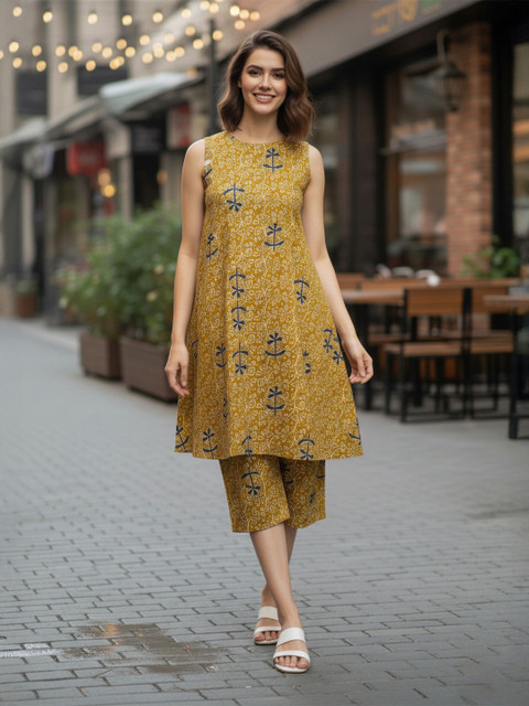 Mustard Printed Round Neck Tunic & Palazzos Co-Ords