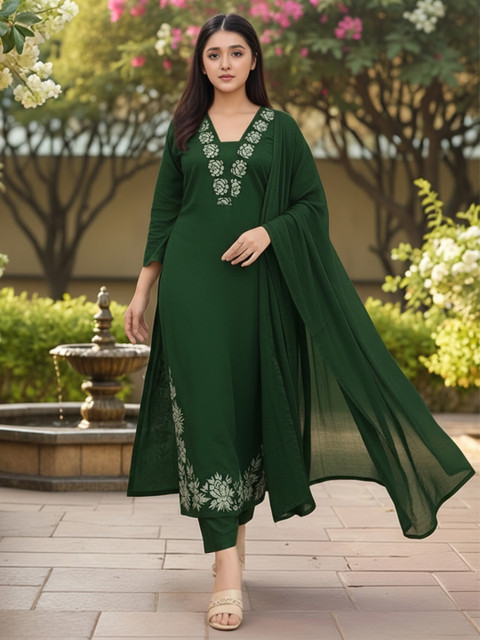SZN Women Floral Embroidered Regular Thread Work Kurta with Trousers & With Dupatta