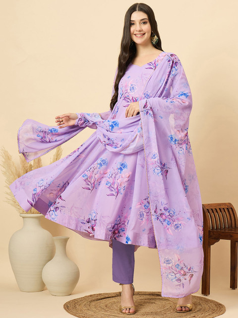 Sangria Floral Printed Sweet Heart Neck Kurta With Trousers & Dupatta