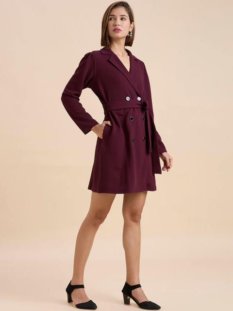Syle Quotient Women Solid Maroon Texture Polyknit Smart casual Trench Dress - Image 3