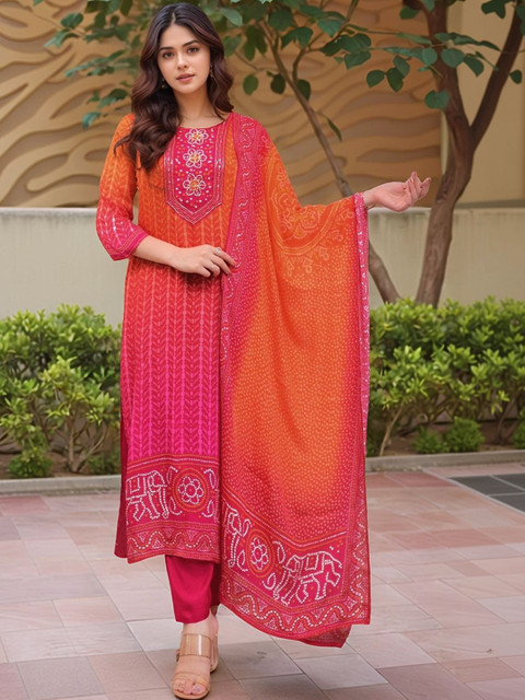 SZN Women Ethnic Motifs Dyed Regular Thread Work Kurta with Trousers & With Dupatta