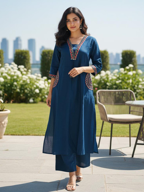 MST Women Ethnic Motifs Embroidered Regular Thread Work Pure Cotton Kurta with Palazzos