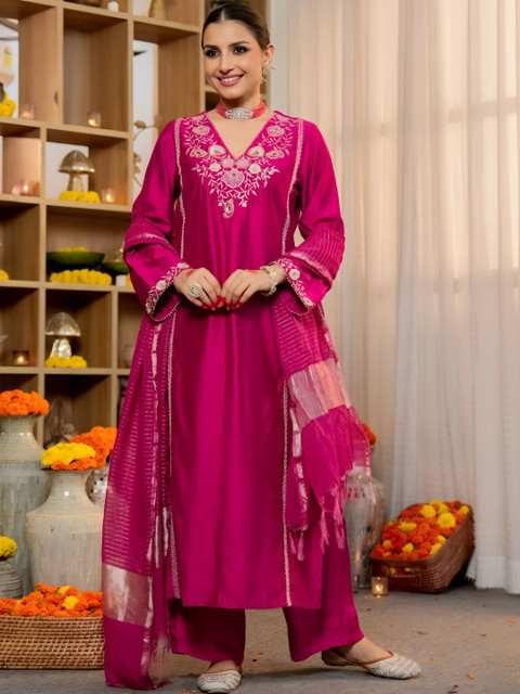 J.KANJI Women Ethnic Motifs Embroidered Regular Thread Work Kurta with Trousers & With Dupatta