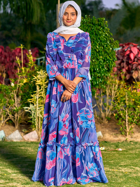 SARINKU Floral Print Ruffled Georgette A-Line Maxi Dress