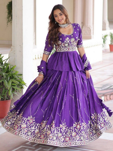 Livewear Embroidered Thread Work Semi-Stitched Lehenga & Blouse With Dupatta