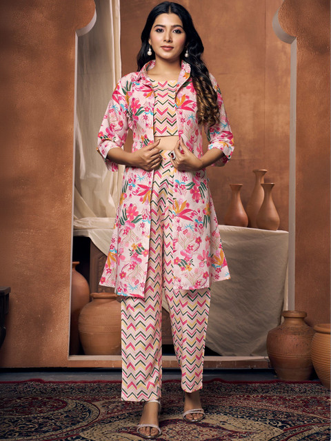 LERIYA FASHION Printed Round Neck Top & Trousers With Jacket Co-Ords