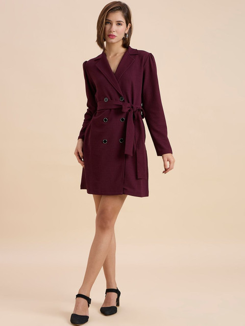Syle Quotient Women Solid Maroon Texture Polyknit Smart casual Trench Dress