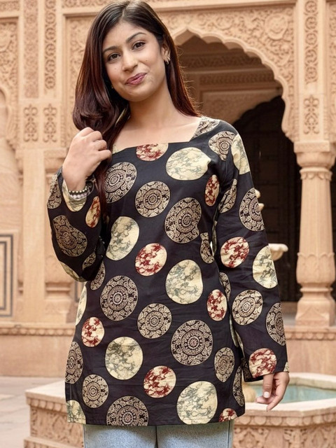 Black Teetar Geometric Print Cotton Top