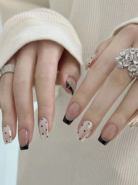 SLAY ON Nails 24 Pieces Black French Tip Polka Dot Press On Nails - Black