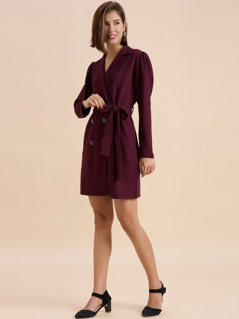 Syle Quotient Women Solid Maroon Texture Polyknit Smart casual Trench Dress - Image 2