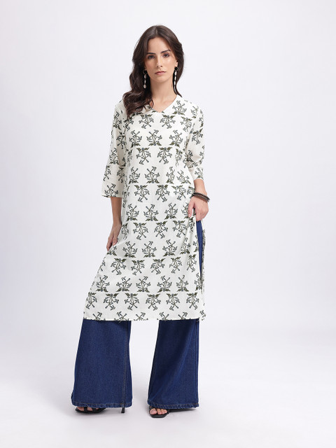 Anouk Rustic Floral Printed Pure Cotton V-Neck Straight Kurta
