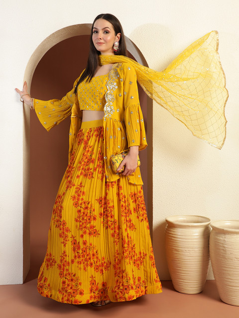 Chhabra 555 Floral Printed with broidered Poly Strappy Flared Lehenga Choli with Jacket