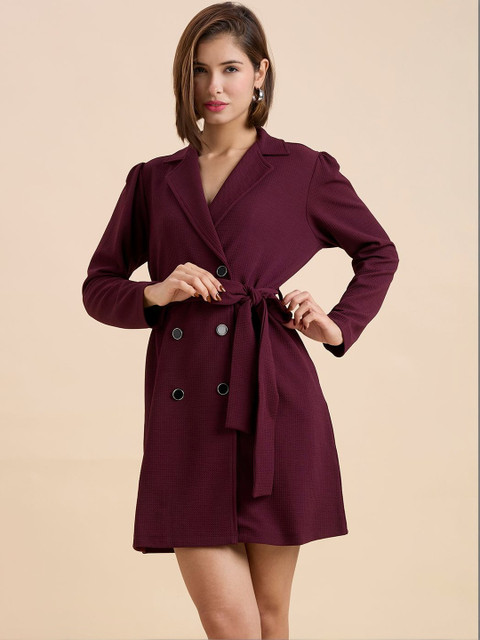 Syle Quotient Women Solid Maroon Texture Polyknit Smart casual Trench Dress - Image 4