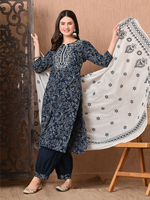 KALINI Women Ethnic Motifs Printed Regular Thread Work Pure Cotton Kurta with Harem Pants & With Dupatta - Image 5