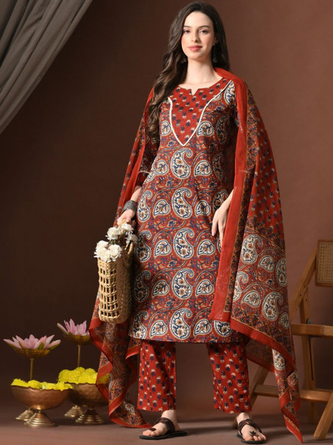 INDIANIC Women Paisley Printed Regular Pure Cotton Kurta with Trousers & With Dupatta