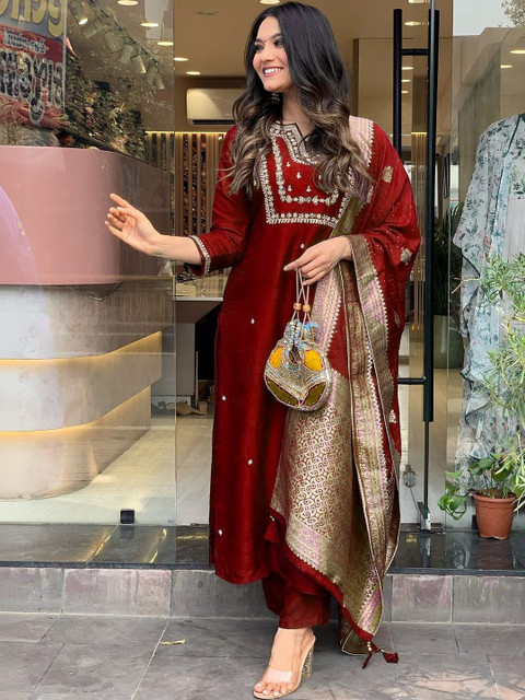 SURUKH Women Ethnic Motifs Embroidered Regular Pure Cotton Kurta with Trousers & Dupatta