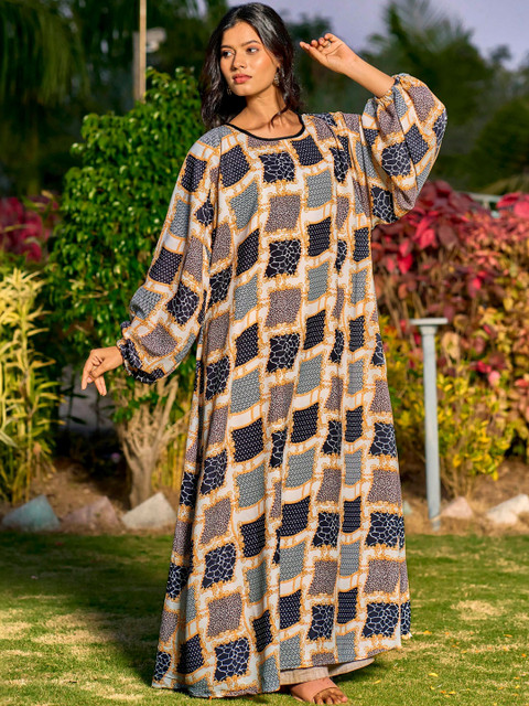 SARINKU Print Puff Sleeve Satin Kaftan Maxi Dress