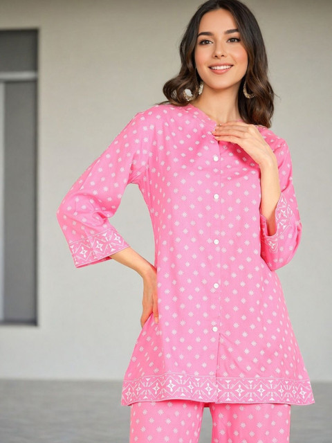 Ozia Pink Printed V-Neck Tunic with Trousers Co-Ords