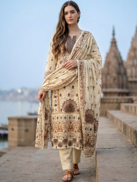 SARSO Women Ethnic Motifs Printed Regular Thread Work Kurta with Trousers & With Dupatta