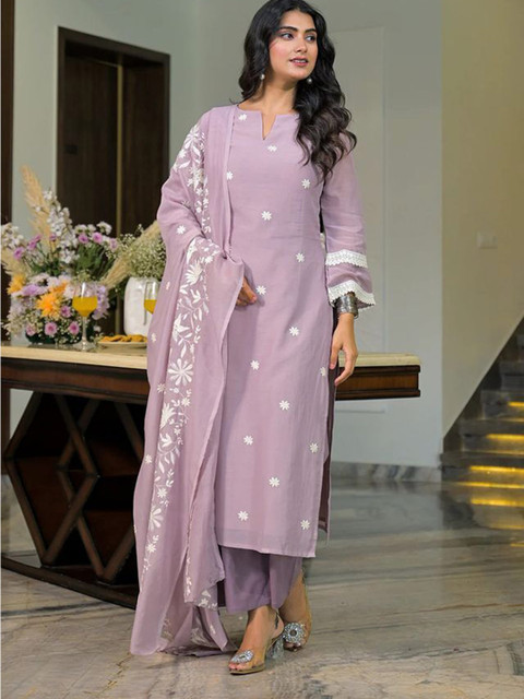 Moda Rapido Women Ethnic Motifs Embroidered Regular Chikankari Chanderi Cotton Kurta with Trousers & With - Image 5