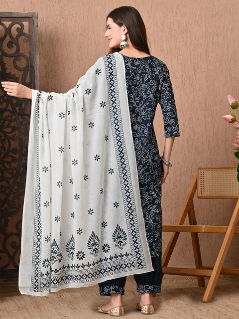 KALINI Women Ethnic Motifs Printed Regular Thread Work Pure Cotton Kurta with Harem Pants & With Dupatta - Image 3