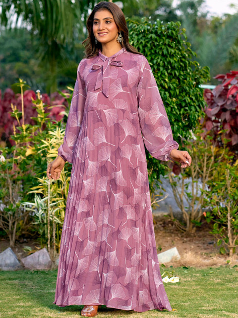 SARINKU Floral Print Tie-Up Neck Georgette Maxi Dress
