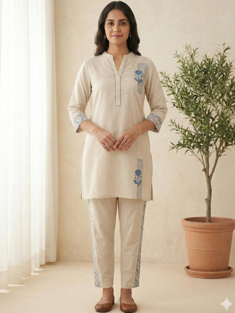 Philauri Casual Printed V-Neck Cotton Tunic & Trousers Co-Ords