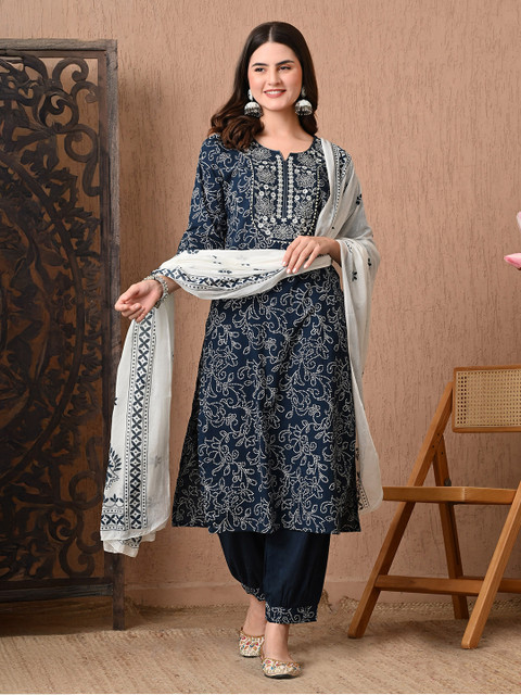 KALINI Women Ethnic Motifs Printed Regular Thread Work Pure Cotton Kurta with Harem Pants & With Dupatta
