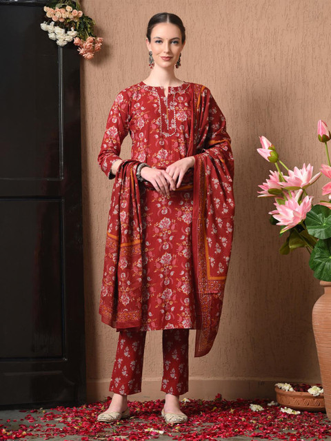 KEOSA Women Floral Printed Regular Pure Cotton Kurta with Trousers & With Dupatta