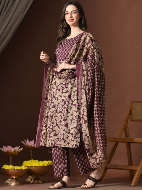 INDIANIC Women Ethnic Motifs Printed Regular Pure Cotton Kurta with Trousers & With Dupatta