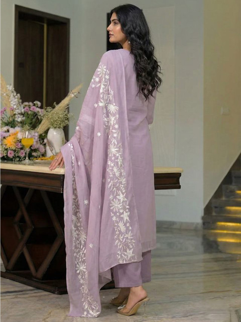 Moda Rapido Women Ethnic Motifs Embroidered Regular Chikankari Chanderi Cotton Kurta with Trousers & With - Image 4