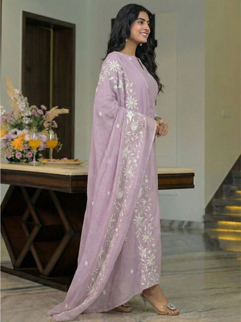 Moda Rapido Women Ethnic Motifs Embroidered Regular Chikankari Chanderi Cotton Kurta with Trousers & With - Image 3