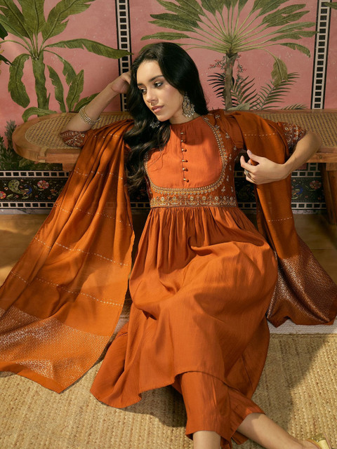 Sangria Embroidered V-Neck A-Line Kurta & Trousers With Dupatta