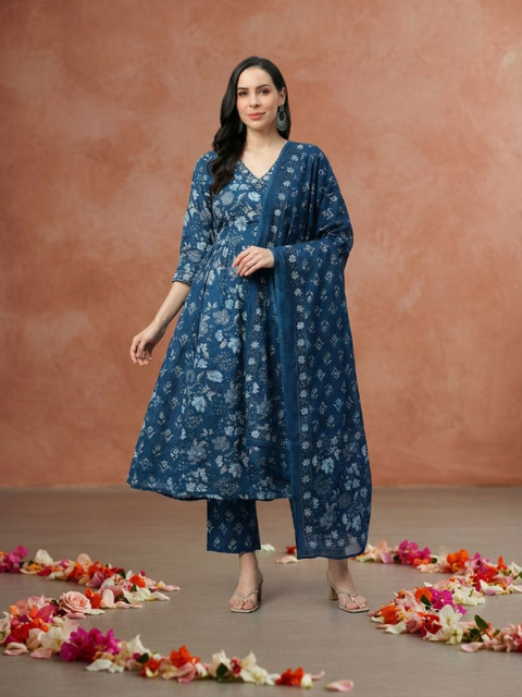 Yuris Floral Printed Layered Thread Work Pure Cotton Kurta with Trousers & With Dupatta