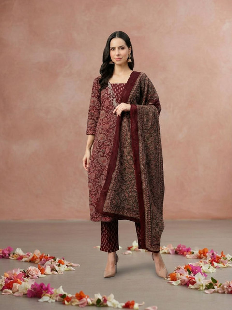 Yuris Women Ethnic Motifs Printed Regular Pure Cotton Kurta with Trousers & With Dupatta