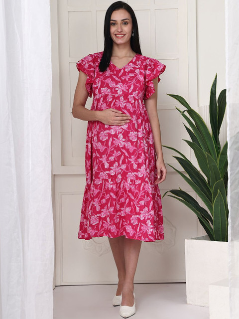 Feel Clath Floral Printed Flutter Sleeve Maternity Fit & Flare Dress