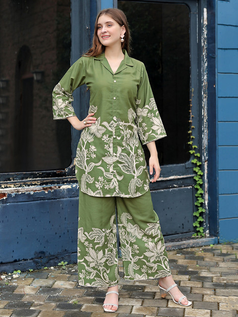 SHOPLANCE Printed Shirt Collar Top With Trousers Co-Ords