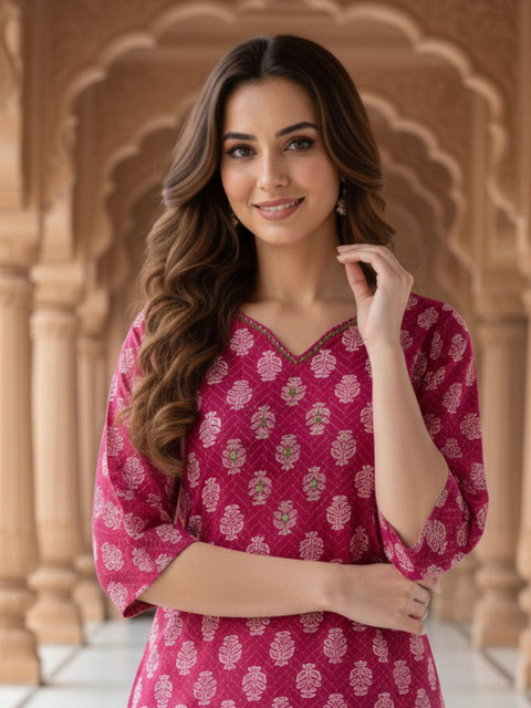 OZIA Ethnic Motifs Printed V-Neck Pure Cotton Kurti