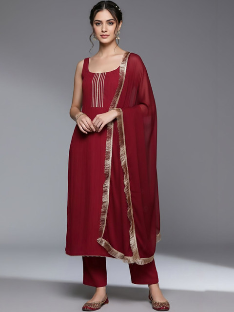 Varanga Women Regular Thread Work Silk Crepe Kurta with Trousers & With Dupatta