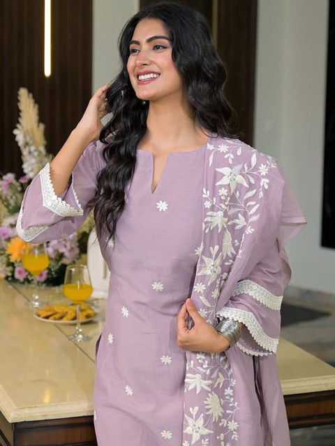 Moda Rapido Women Ethnic Motifs Embroidered Regular Chikankari Chanderi Cotton Kurta with Trousers & With - Image 6