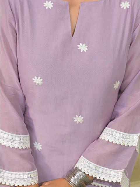 Moda Rapido Women Ethnic Motifs Embroidered Regular Chikankari Chanderi Cotton Kurta with Trousers & With - Image 2