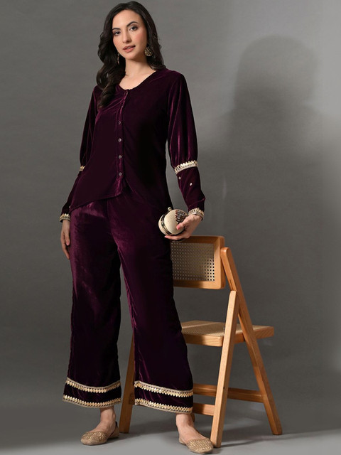 Sangria Embroidered V-Neck Shirt & Trousers Co-Ords