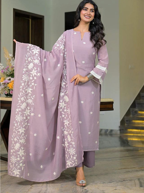 Moda Rapido Women Ethnic Motifs Embroidered Regular Chikankari Chanderi Cotton Kurta with Trousers & With