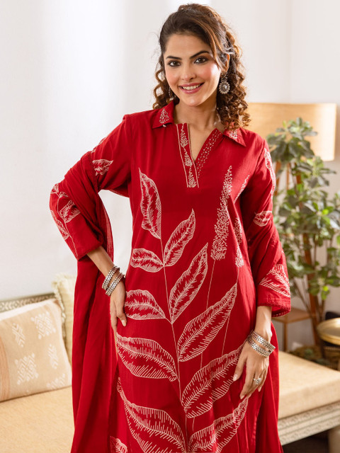Sangria Printed Pure Cotton Shirt Collar Neck Kurta & Trousers With Dupatta - Image 5
